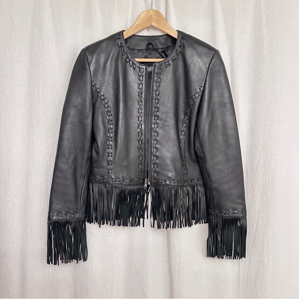 Elegant Black Leather Fringe Jacket